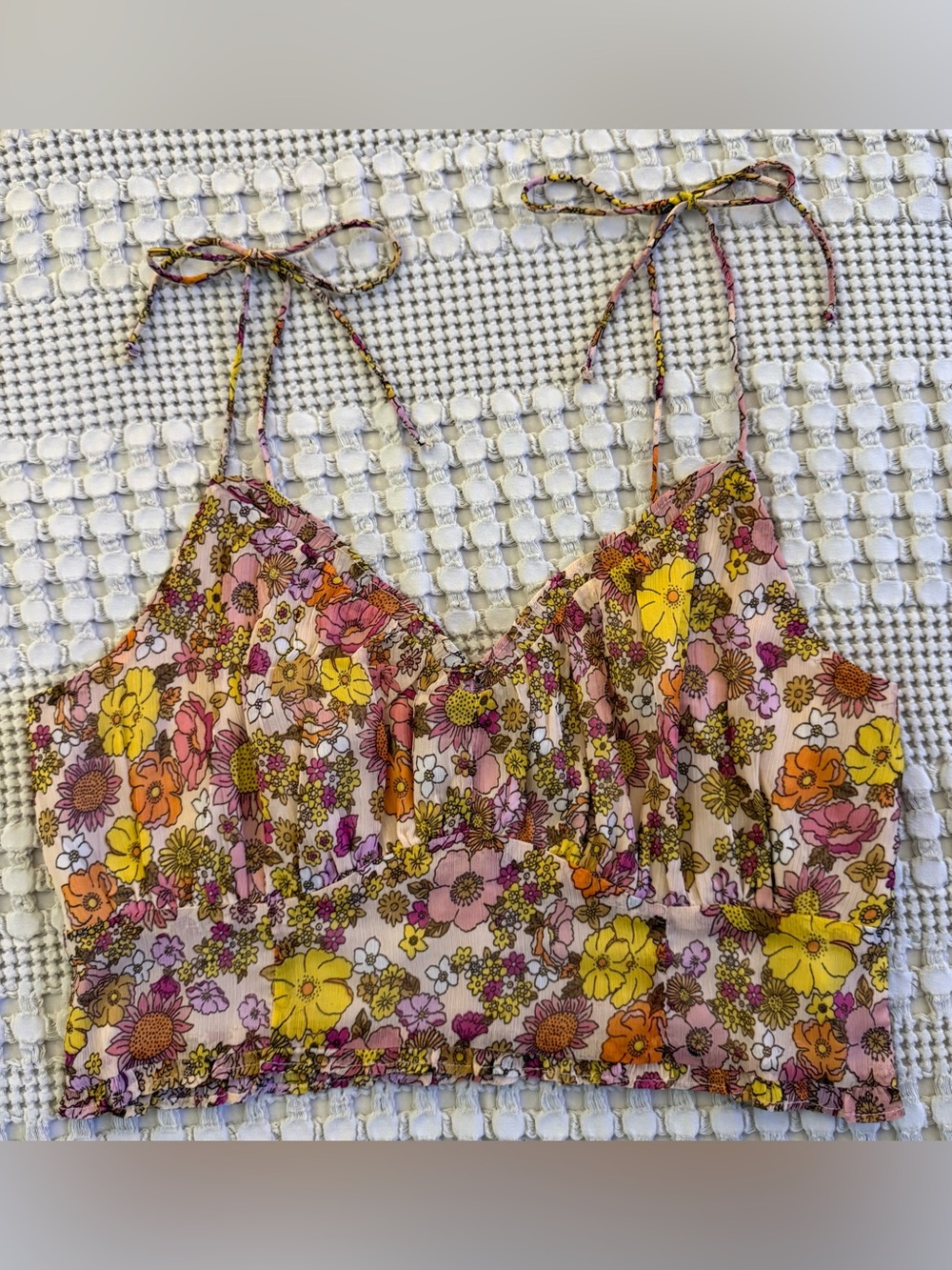 Patrons of Peace Floral Tie Strap Crop Top Large Retro Boho Y2K